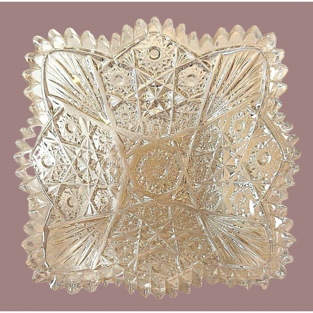 Imperial Glass Pressed Glass Dish 7.25" Diamond Scalloped Edging Starburst Sq